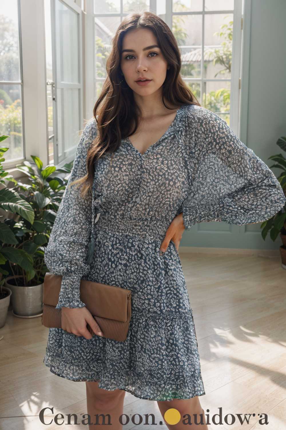 loose leopard print v neck dress drop shoulder a line closed cape paneled 133704