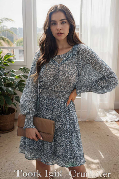 loose leopard print v neck dress drop shoulder a line closed cape paneled 106301