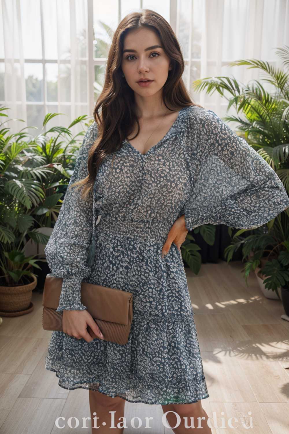 loose leopard print v neck dress drop shoulder a line closed cape paneled 133854