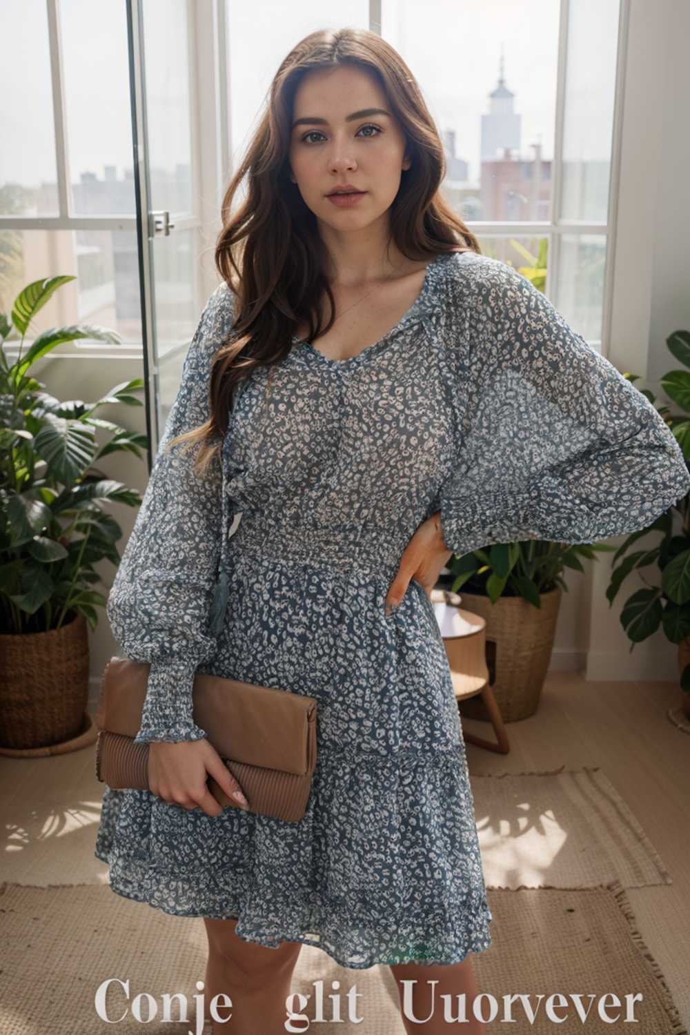 loose leopard print v neck dress drop shoulder a line closed cape paneled 133853