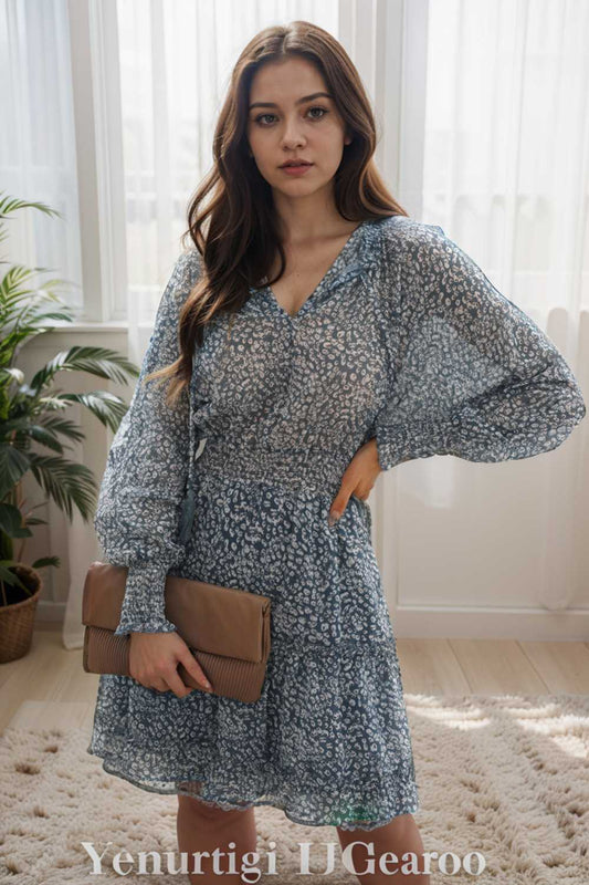 loose leopard print v neck dress drop shoulder a line closed cape paneled 121456
