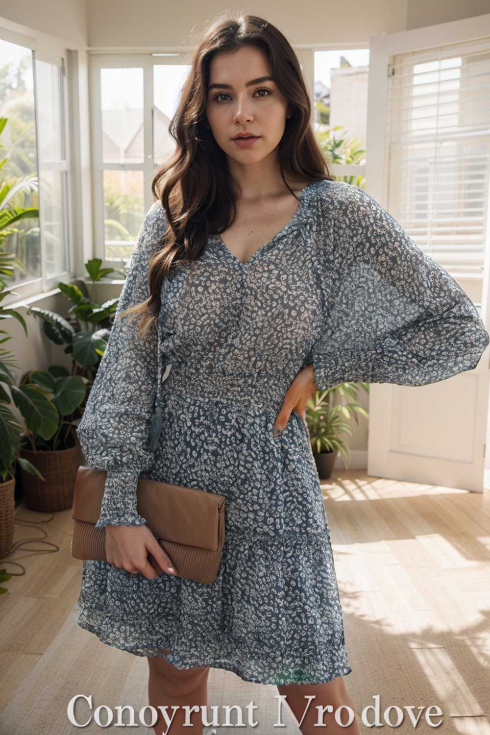 loose leopard print v neck dress drop shoulder a line closed cape paneled 133702
