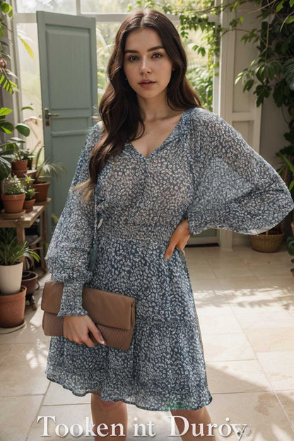 loose leopard print v neck dress drop shoulder a line closed cape paneled 133852