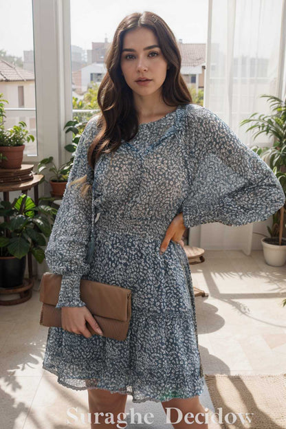 loose leopard print v neck dress drop shoulder a line closed cape paneled 133850