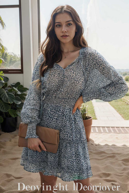 loose leopard print v neck dress drop shoulder a line closed cape paneled 130336