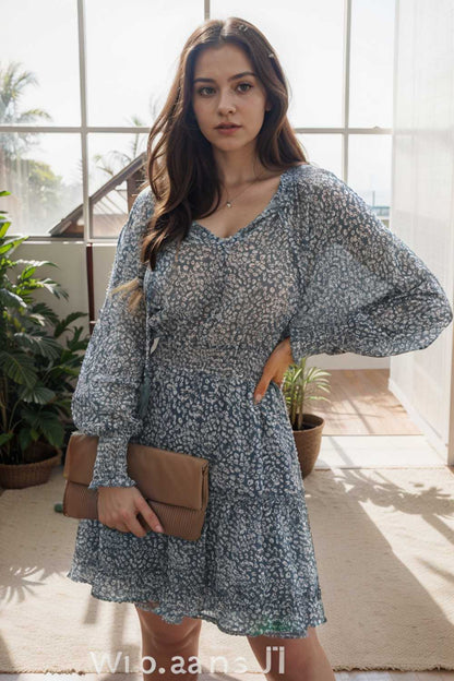 loose leopard print v neck dress drop shoulder a line closed cape paneled 142336