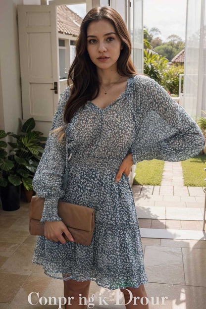 loose leopard print v neck dress drop shoulder a line closed cape paneled 130335