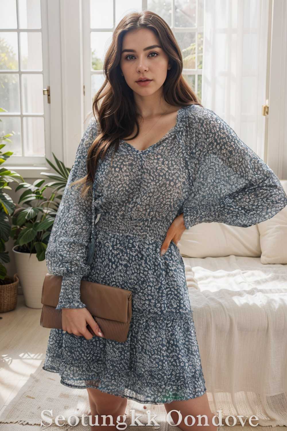 loose leopard print v neck dress drop shoulder a line closed cape paneled 133849