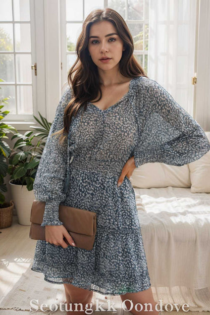 loose leopard print v neck dress drop shoulder a line closed cape paneled 133849