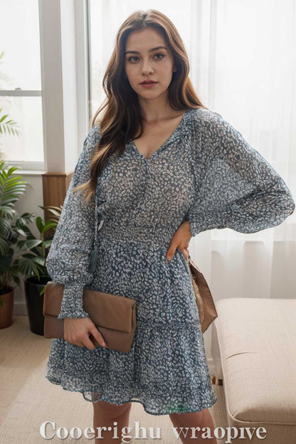 loose leopard print v neck dress drop shoulder a line closed cape paneled 142335