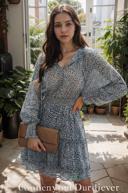 loose leopard print v neck dress drop shoulder a line closed cape paneled 115685