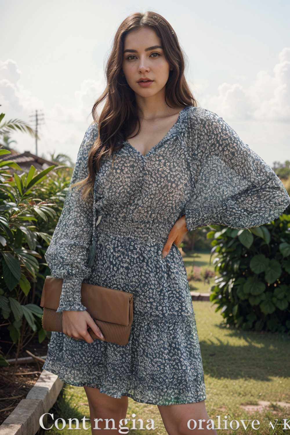 loose leopard print v neck dress drop shoulder a line closed cape paneled 109838