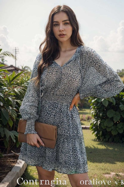 loose leopard print v neck dress drop shoulder a line closed cape paneled 109838