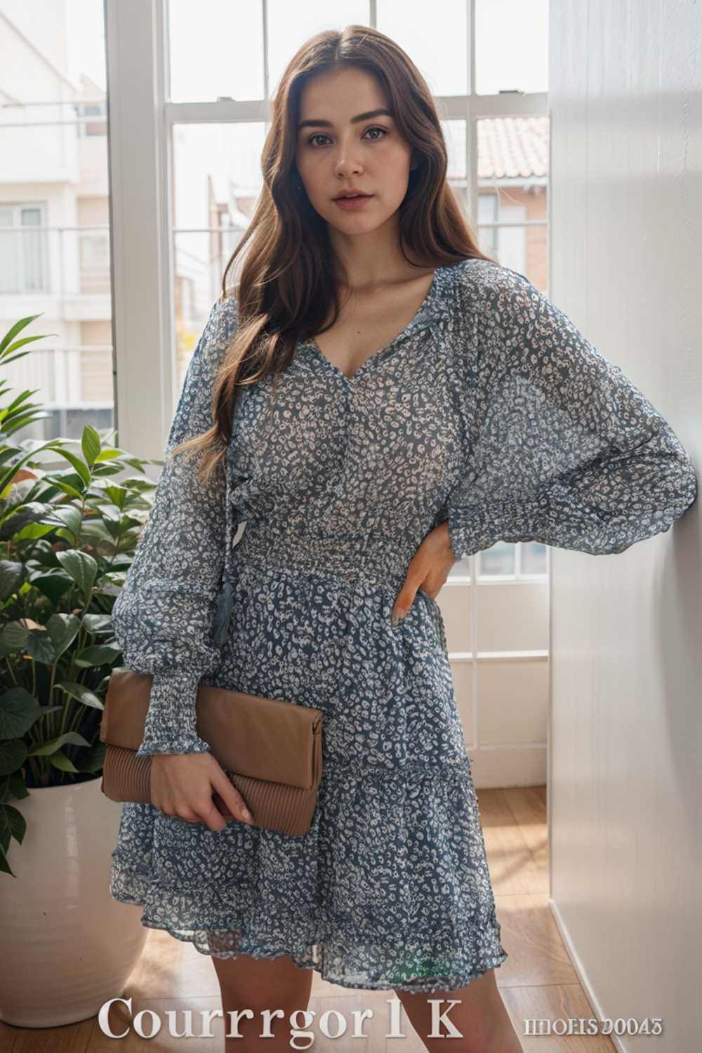 loose leopard print v neck dress drop shoulder a line closed cape paneled 133848