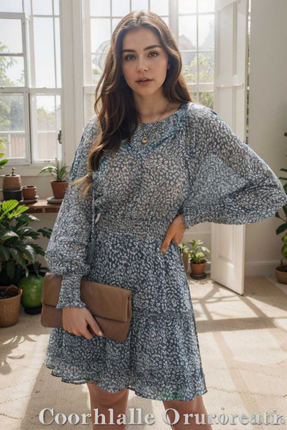 loose leopard print v neck dress drop shoulder a line closed cape paneled 109837