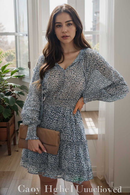 loose leopard print v neck dress drop shoulder a line closed cape paneled 109836