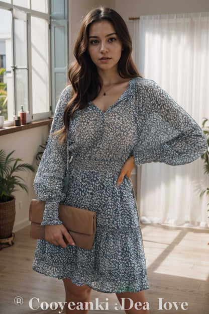 loose leopard print v neck dress drop shoulder a line closed cape paneled 130332