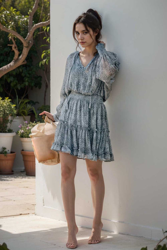 loose leopard print v neck dress drop shoulder a line closed cape paneled 115684