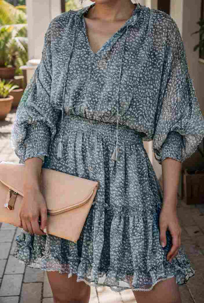 loose leopard print v neck dress drop shoulder a line closed cape paneled 118772