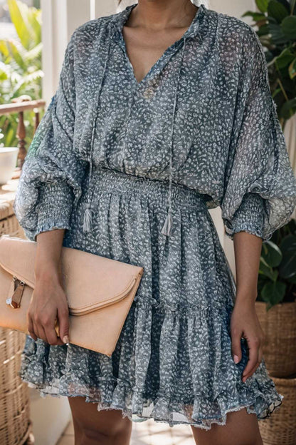 loose leopard print v neck dress drop shoulder a line closed cape paneled 106420