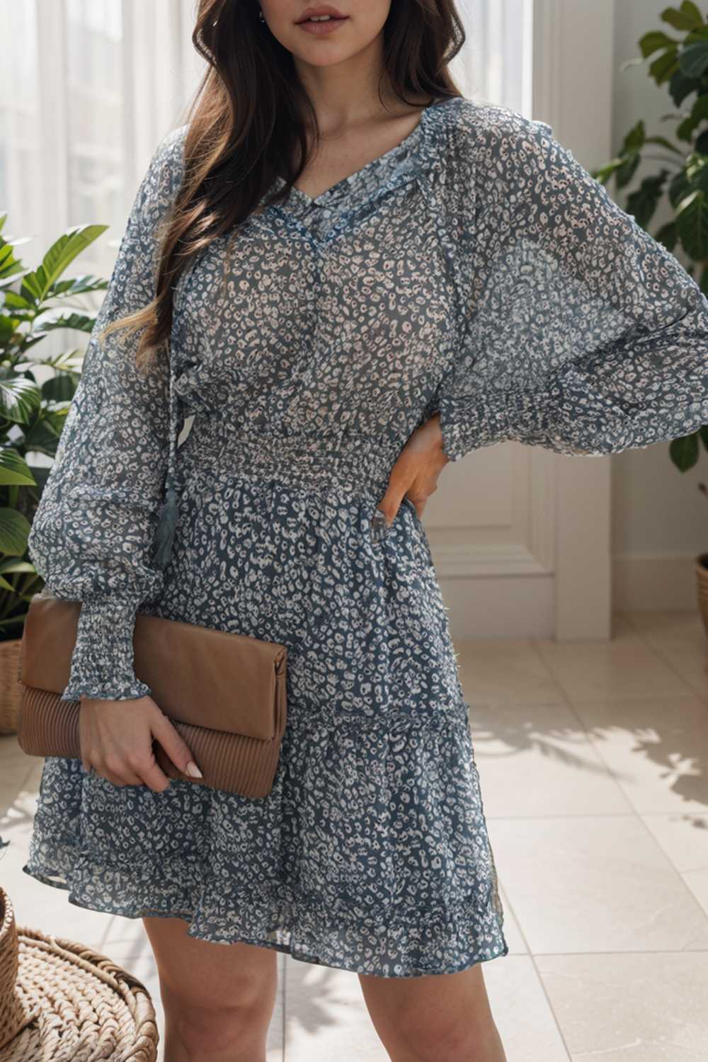 loose leopard print v neck dress drop shoulder a line closed cape paneled 108204