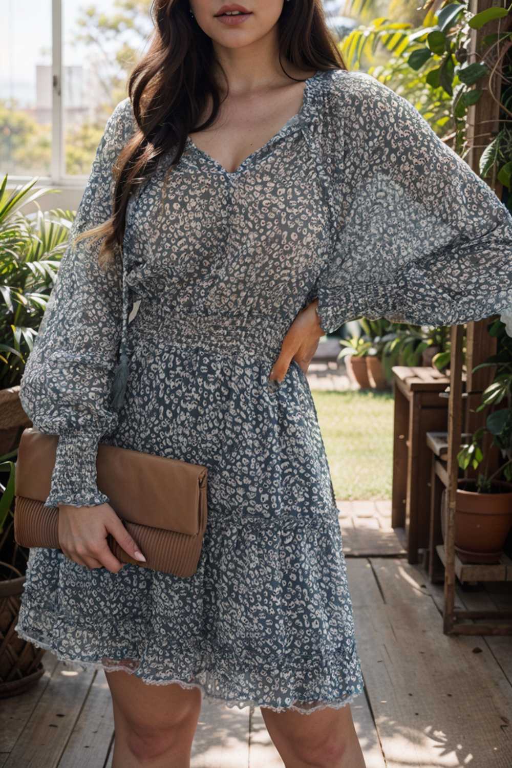 loose leopard print v neck dress drop shoulder a line closed cape paneled 108075