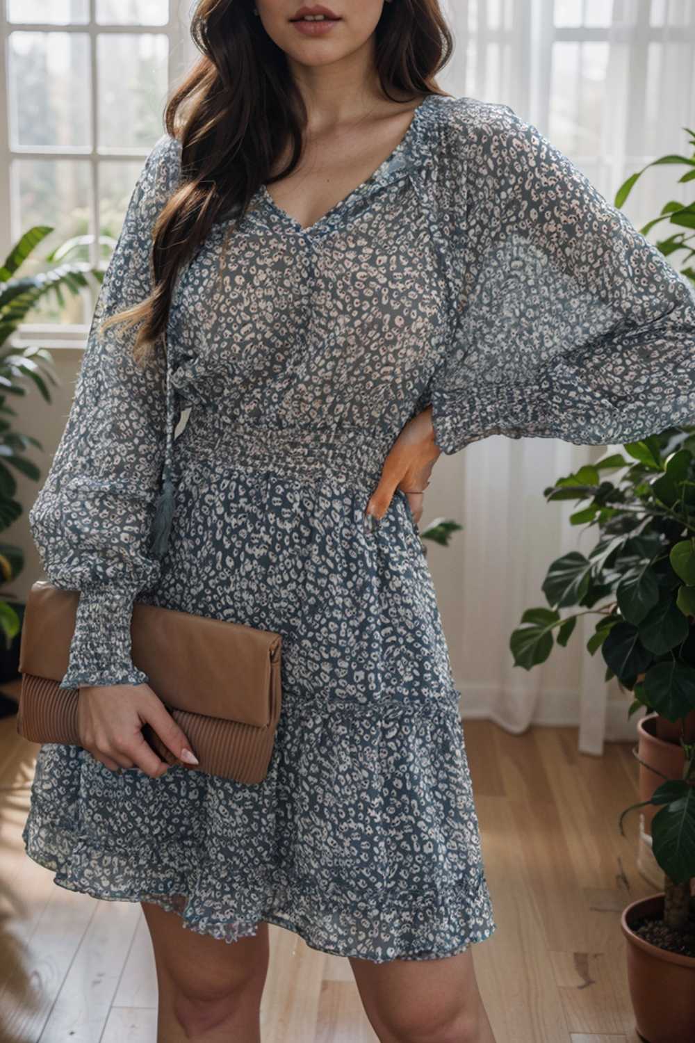 loose leopard print v neck dress drop shoulder a line closed cape paneled 108933