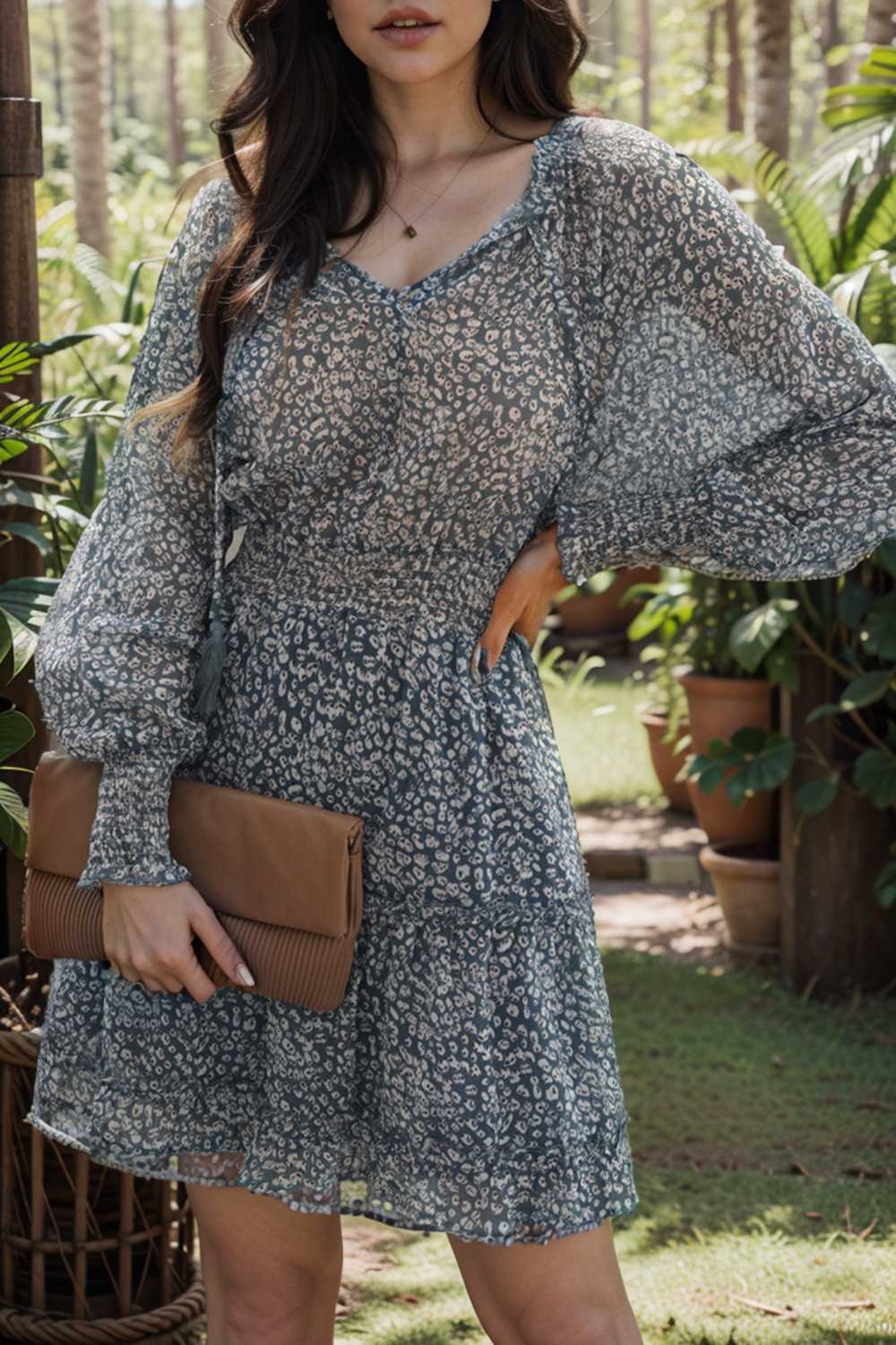 loose leopard print v neck dress drop shoulder a line closed cape paneled 107662