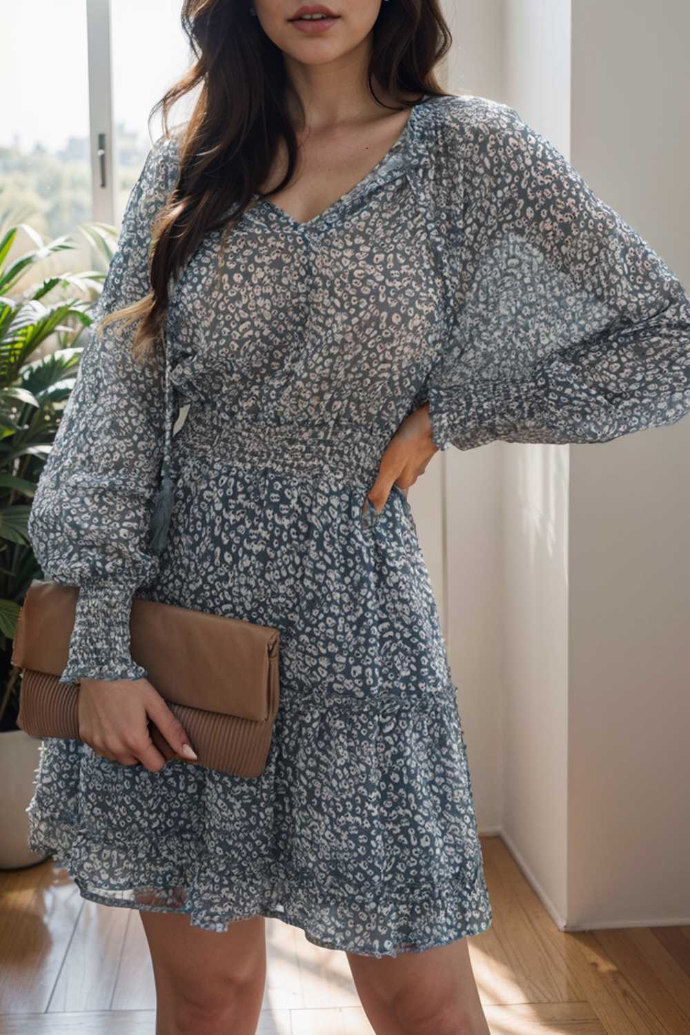 loose leopard print v neck dress drop shoulder a line closed cape paneled 109038