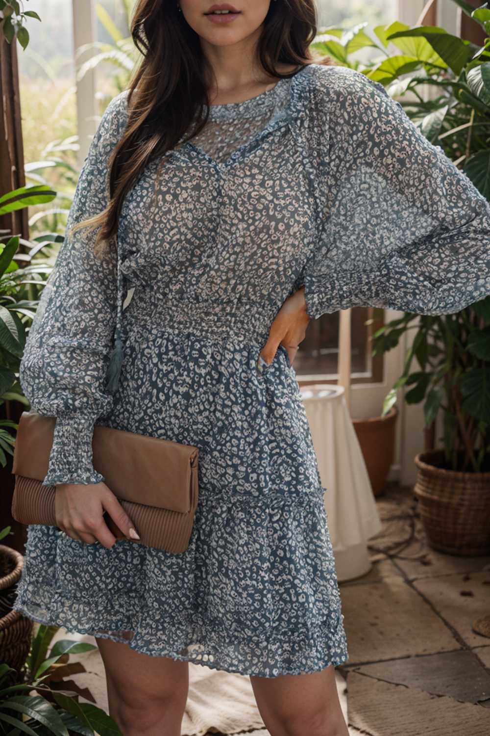 loose leopard print v neck dress drop shoulder a line closed cape paneled 131764