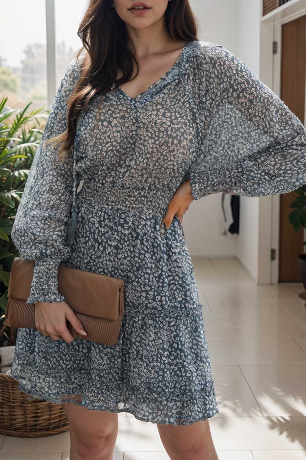 loose leopard print v neck dress drop shoulder a line closed cape paneled 133812