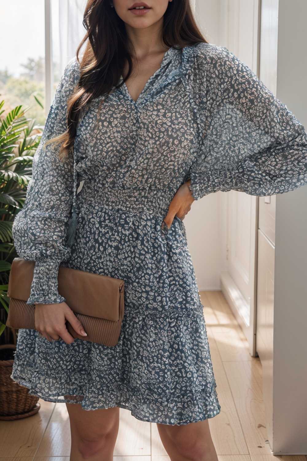 loose leopard print v neck dress drop shoulder a line closed cape paneled 108127