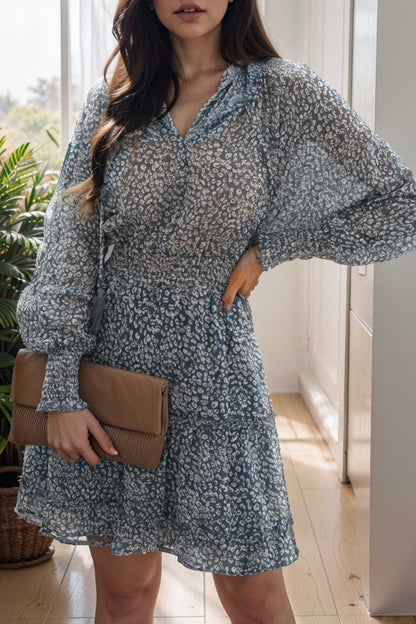 loose leopard print v neck dress drop shoulder a line closed cape paneled 108127