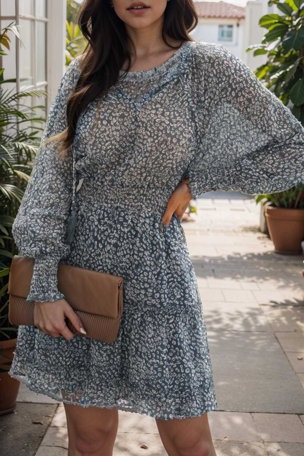 loose leopard print v neck dress drop shoulder a line closed cape paneled 131763