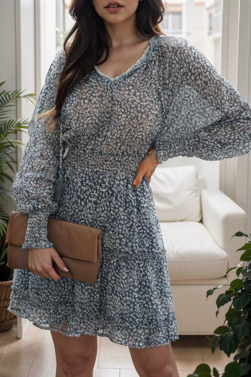 loose leopard print v neck dress drop shoulder a line closed cape paneled 133810