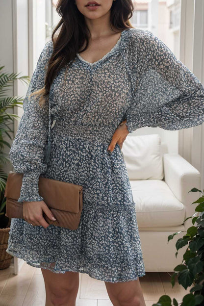 loose leopard print v neck dress drop shoulder a line closed cape paneled 133810