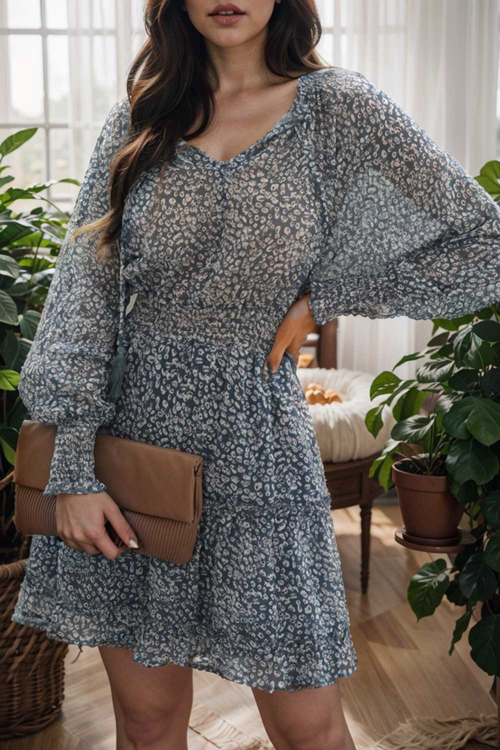 loose leopard print v neck dress drop shoulder a line closed cape paneled 109001