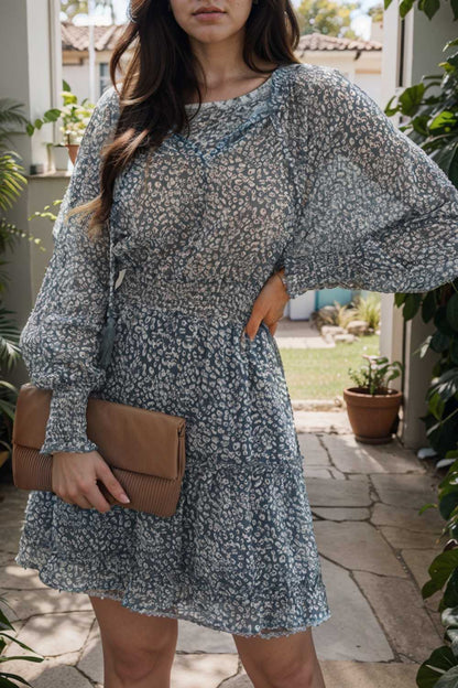 loose leopard print v neck dress drop shoulder a line closed cape paneled 109394