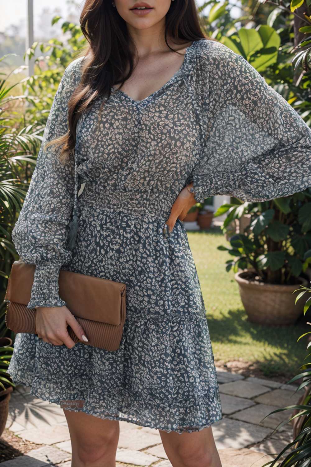 loose leopard print v neck dress drop shoulder a line closed cape paneled 133809
