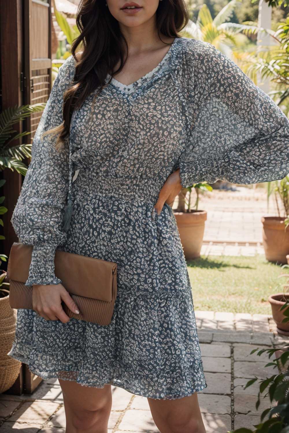 loose leopard print v neck dress drop shoulder a line closed cape paneled 131761