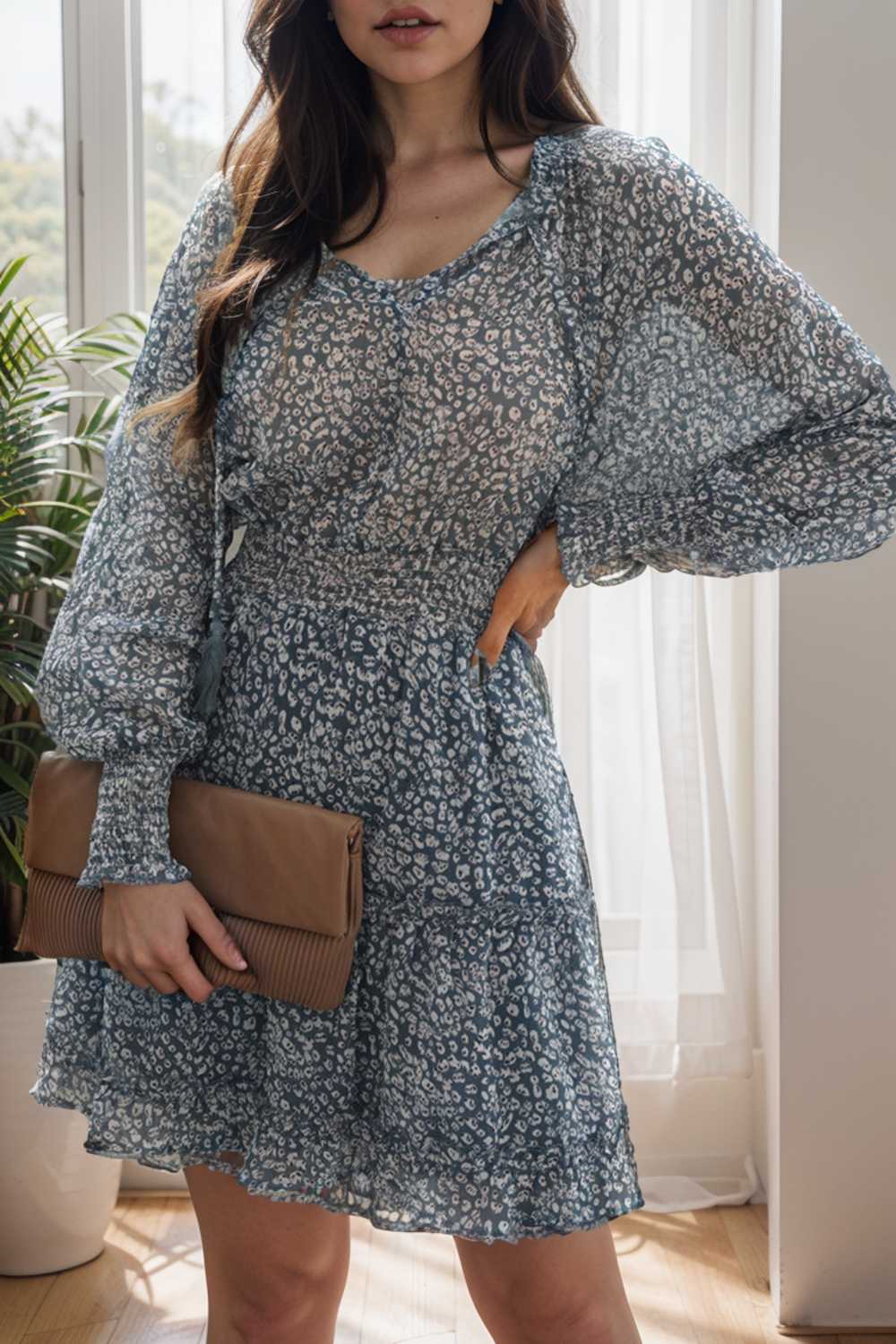 loose leopard print v neck dress drop shoulder a line closed cape paneled 109000
