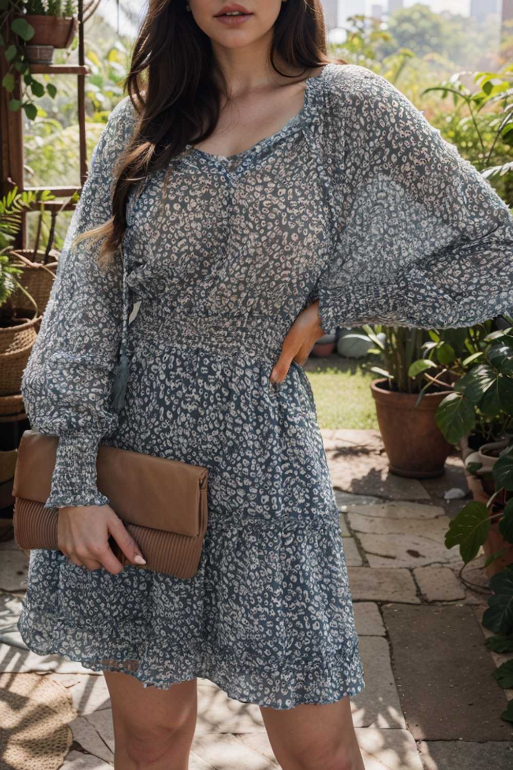 loose leopard print v neck dress drop shoulder a line closed cape paneled 133808