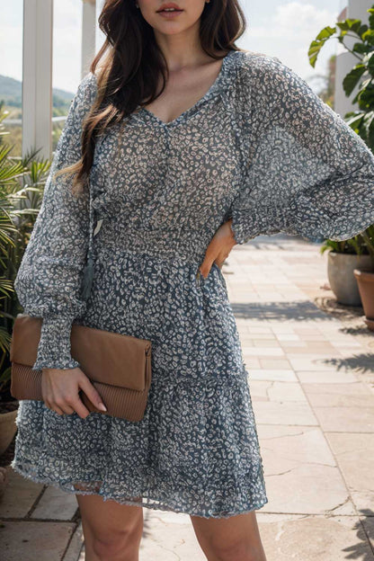 loose leopard print v neck dress drop shoulder a line closed cape paneled 138069