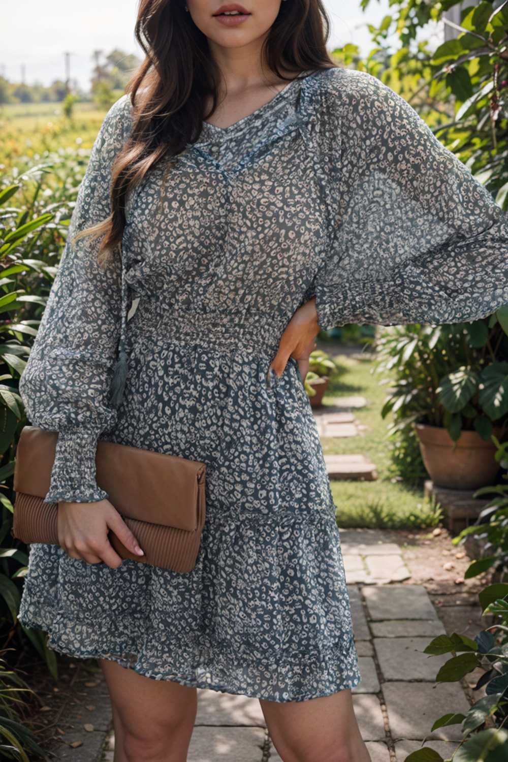 loose leopard print v neck dress drop shoulder a line closed cape paneled 133807