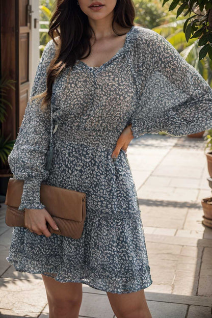 loose leopard print v neck dress drop shoulder a line closed cape paneled 108979