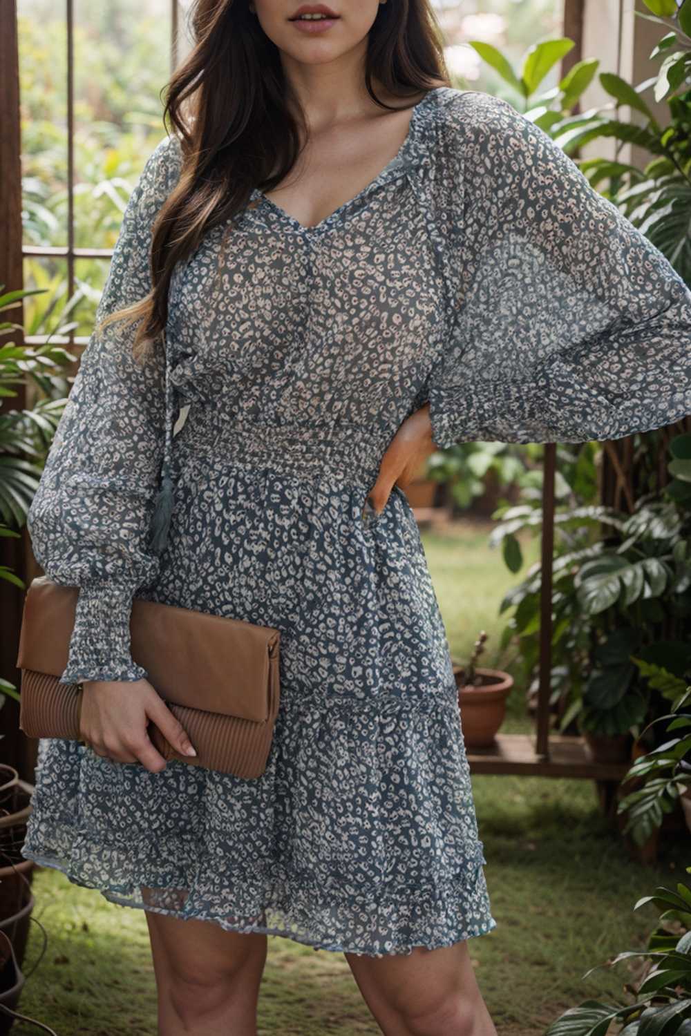 loose leopard print v neck dress drop shoulder a line closed cape paneled 133806