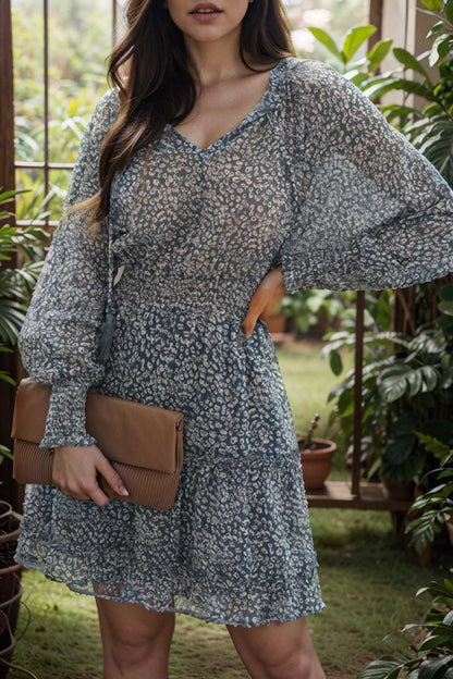 loose leopard print v neck dress drop shoulder a line closed cape paneled 133806