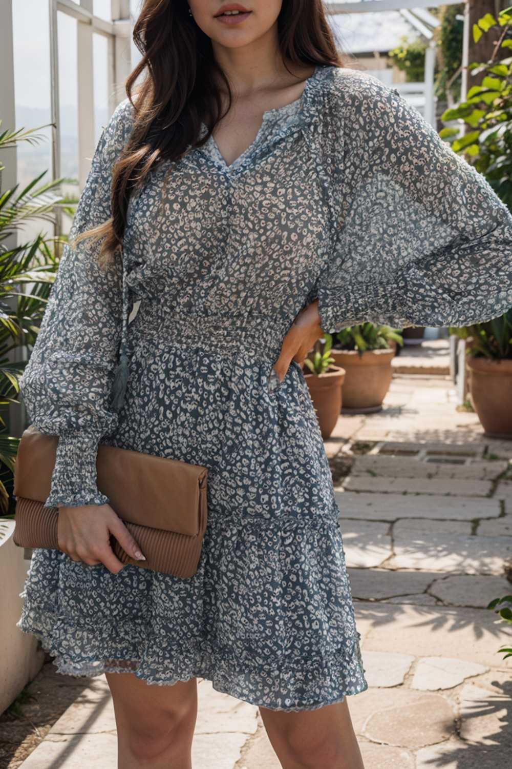 loose leopard print v neck dress drop shoulder a line closed cape paneled 108978