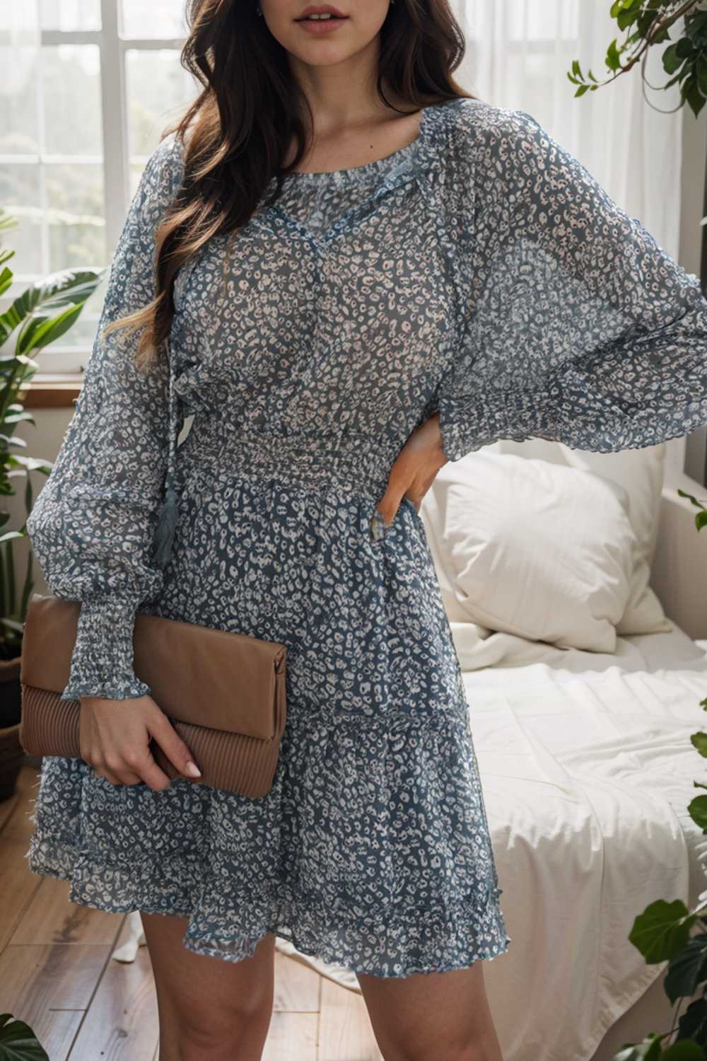 loose leopard print v neck dress drop shoulder a line closed cape paneled 133805