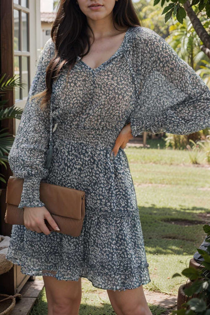 loose leopard print v neck dress drop shoulder a line closed cape paneled 116537